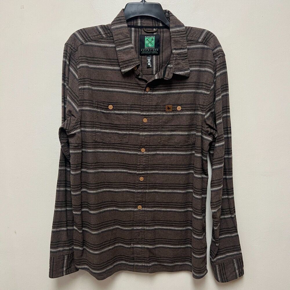 Hippy Tree Med Brown Mens Horizontal Striped Flannel Button Long Sleeve Shirt